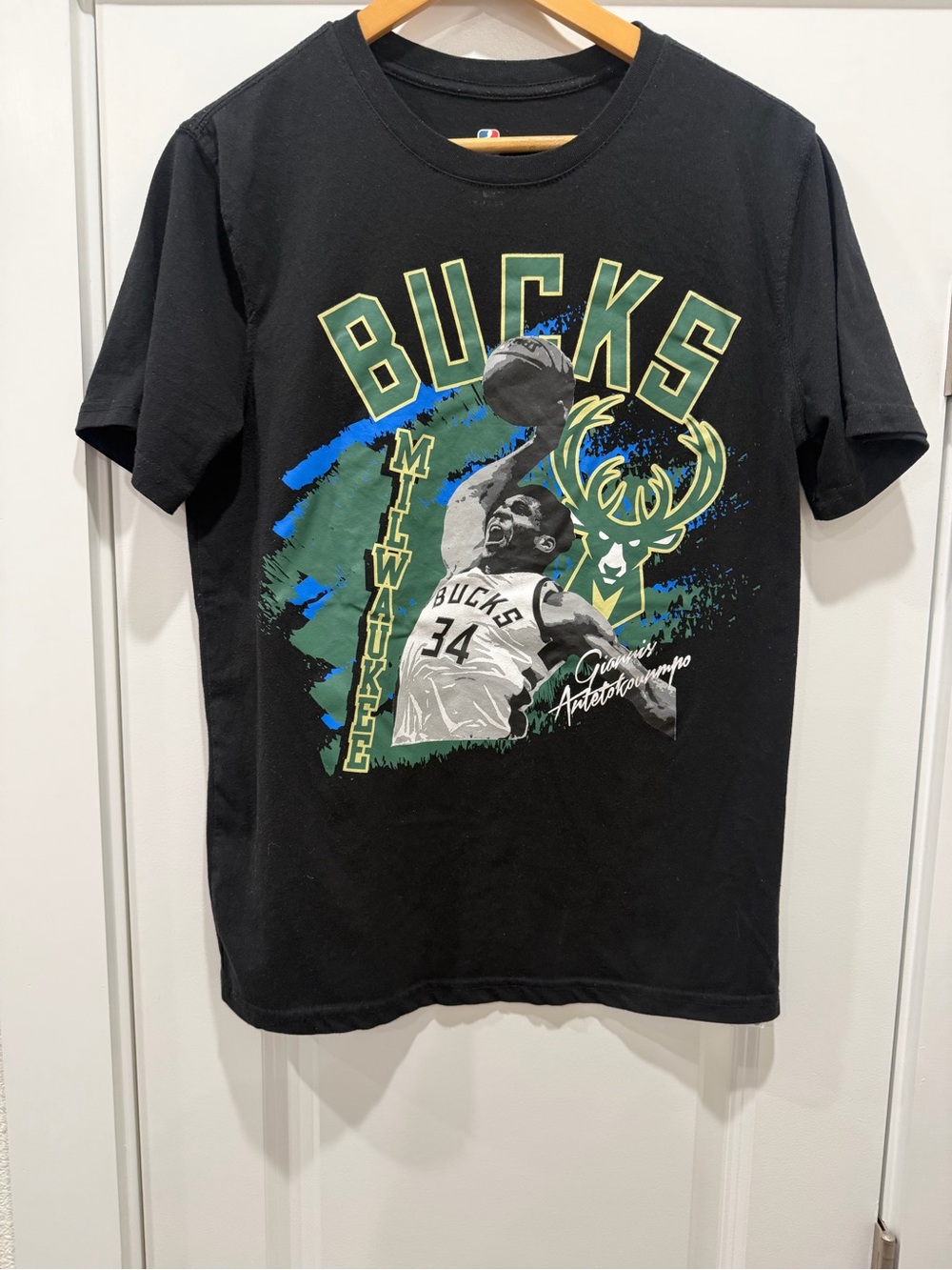 NBA Milwaukee Bucks Black Graphic Tee with Green and Blue Accents
